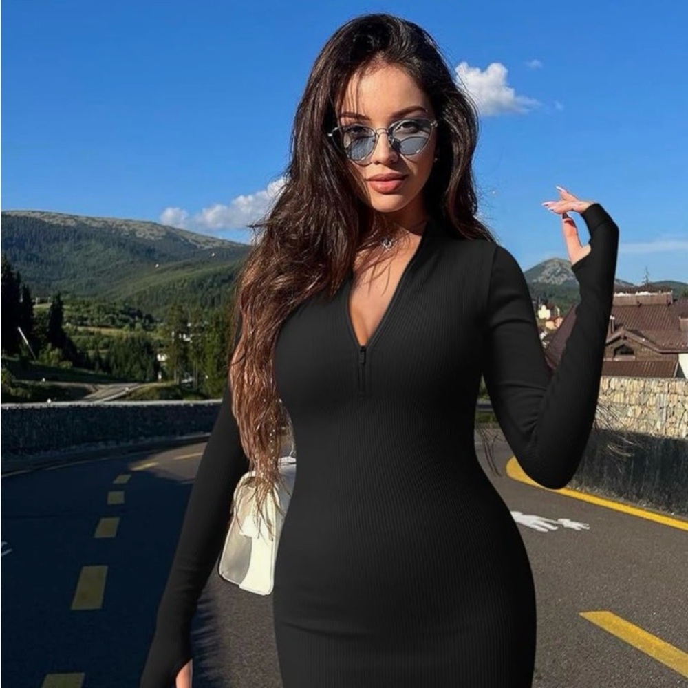 Set of 2: Sex Ribbed Zip Front Long Sleeve Top Mini Dresses. - Picture 4 of 8